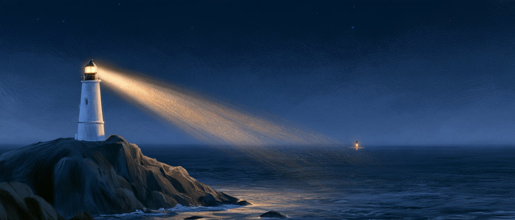 夜の灯台。光が海を渡って、その先へ届く